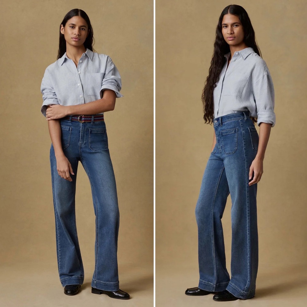 Faherty Stretch Terry Patch Pocket Pant Riverton Size 32 Blue Wide Leg‎ Jeans